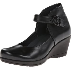 Dansko Rebel Black Leather Ankle Mary Jane Wedge Women’s Shoes